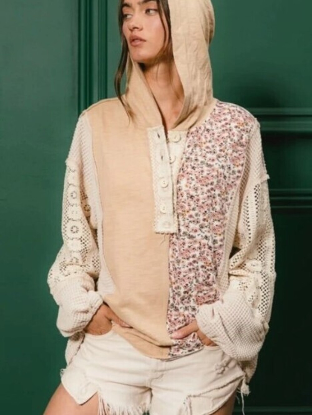 BiBi Beige Floral Patchwork Lace Sleeve Hooded Knit Henley Top - Size - Medium